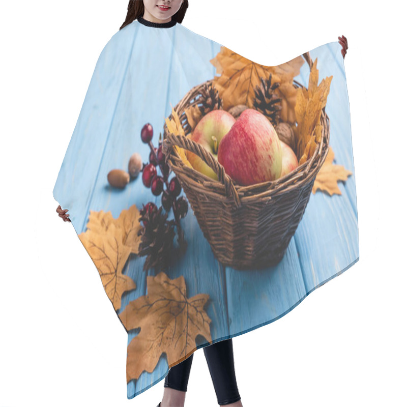 Personality  Autumnal Wicker Basket With Apples And Foliage On Blue Wooden Background Hair Cutting Cape