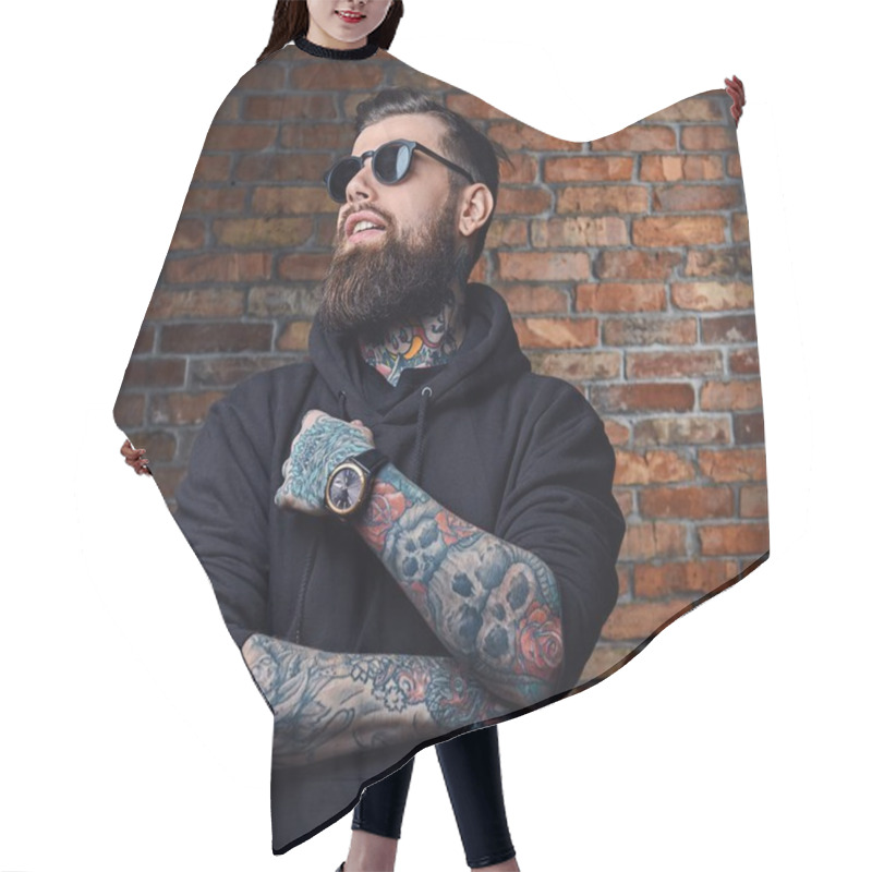 Personality  Modern Bearded Hipster Male In Hoodie  Hair Cutting Cape