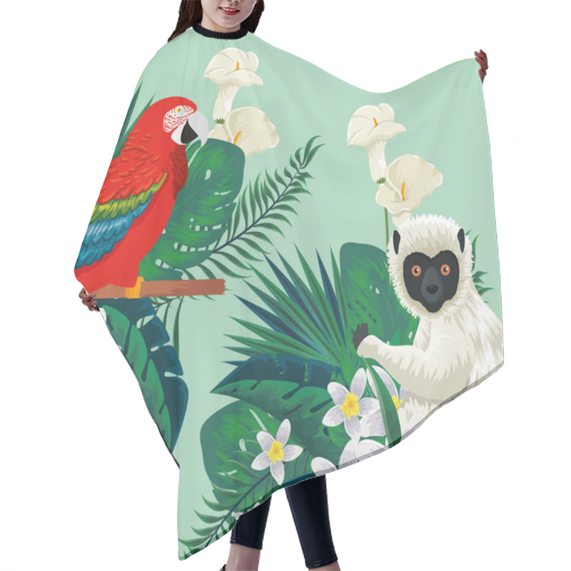 Personality  Parrot And Lemur Animals With Flowers Plants And Leaves Hair Cutting Cape