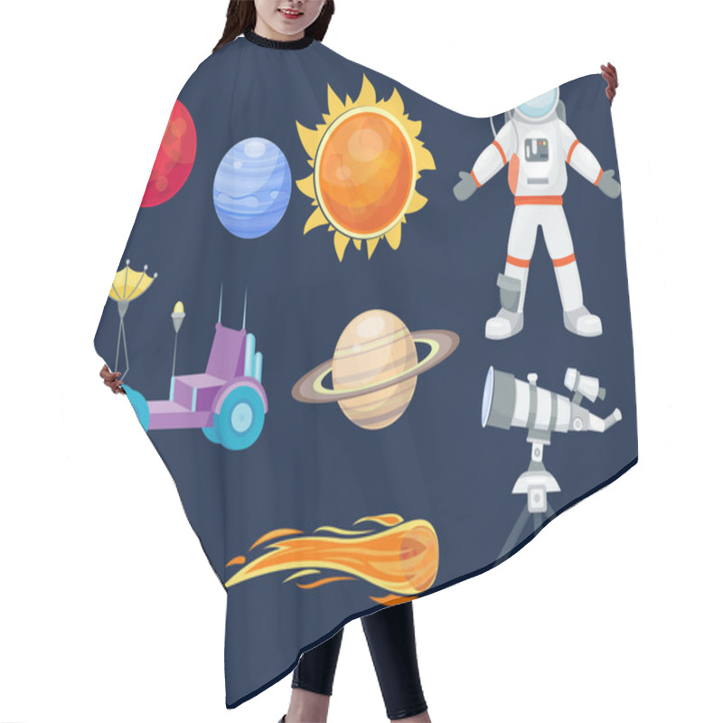 Personality  Astronomy Space Rocket Cartoon Set Vector. Hair Cutting Cape