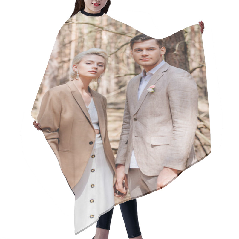 Personality  Stylish Bride And Bridegroom In Beige Clothing Posing In Forest Hair Cutting Cape