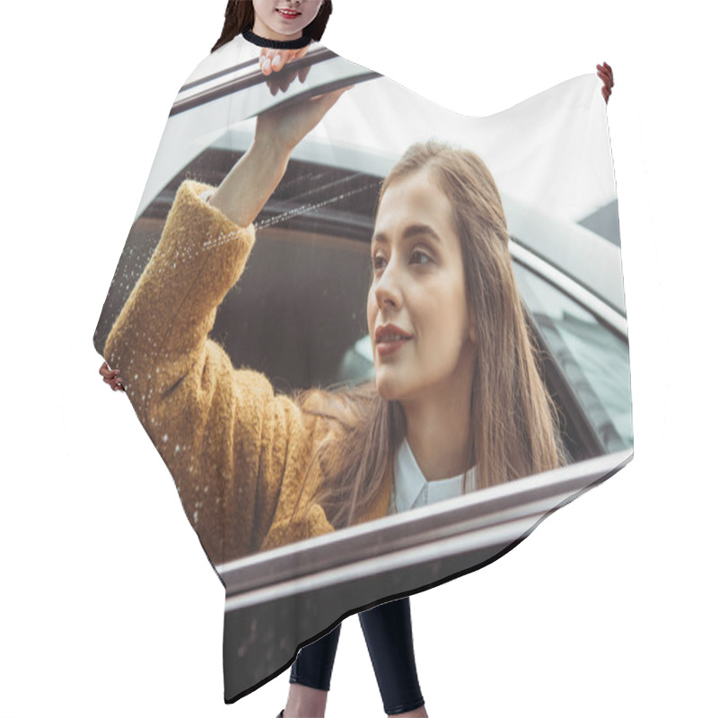 Personality  Young Woman Looking Through Window Of Car Door Hair Cutting Cape