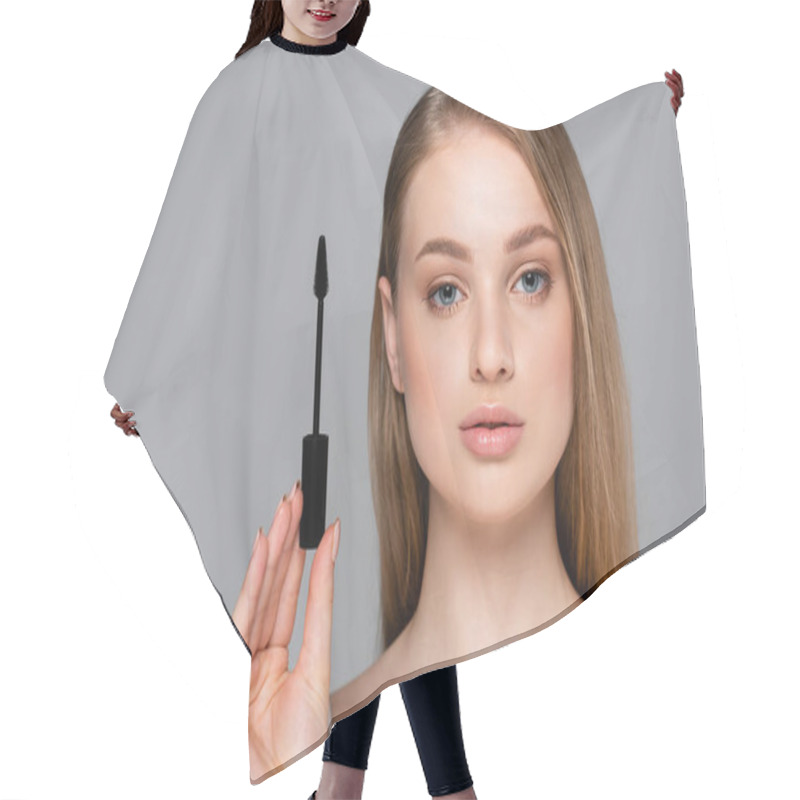 Personality  Young Woman Holding Brush With Black Mascara Isolated On Grey Hair Cutting Cape