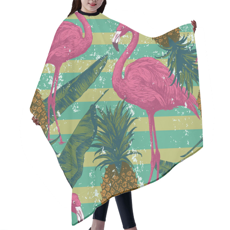 Personality  Seamless Pattern With Flamingo, Pineapples, Banana Leaves. Hand Drawn. Hair Cutting Cape