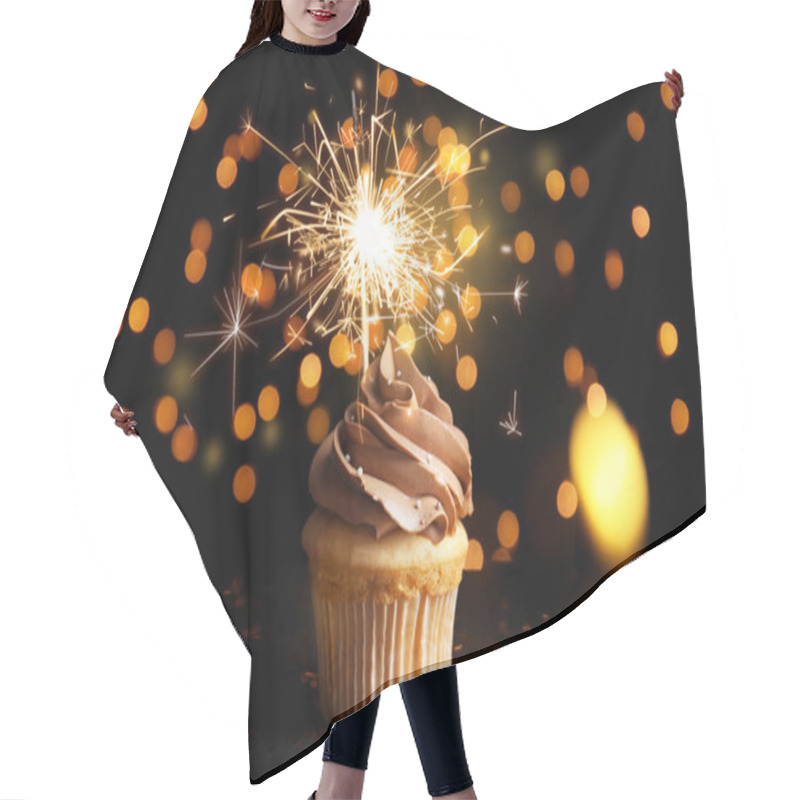 Personality  Beautiful Birthday Cupcake With Sparkler On Black Table Against  Hair Cutting Cape