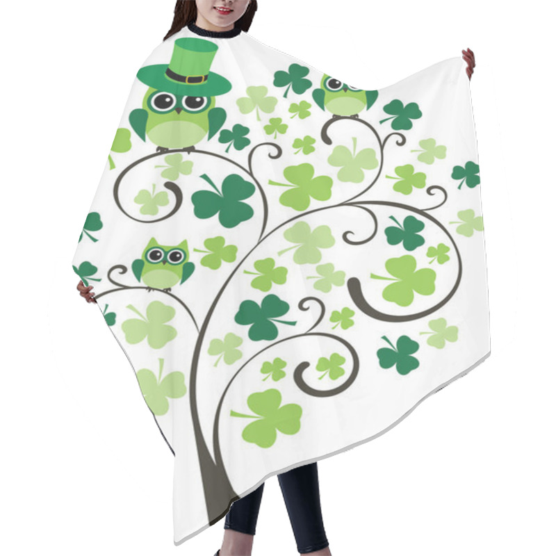 Personality  Vector Illustration Of A Green Tree With Owls, Shamrocks. St.Patrick's Day Celebration.  Hair Cutting Cape