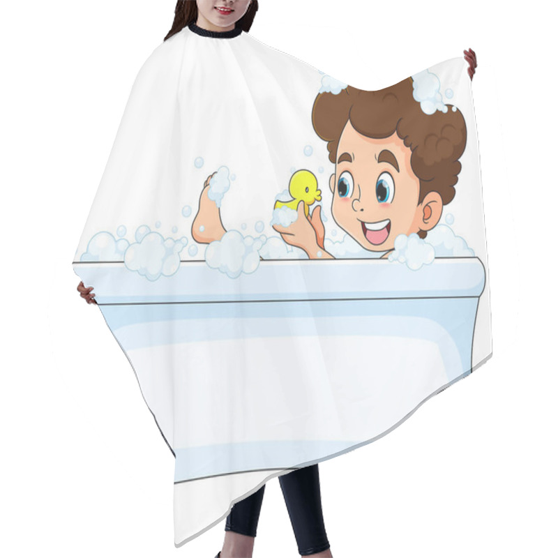 Personality  The Happy Boy Is Taking A Bath In The Bathtub And Playing The Duck Rubber Of Illustration Hair Cutting Cape