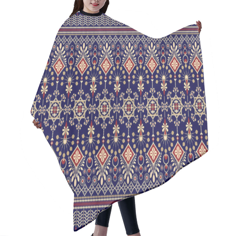 Personality  Beautiful Figure Tribal Indian Geometric Ethnic Oriental Pattern Traditional On Blue Background.Aztec Style Embroidery Abstract Vector Illustration.design For Texture,fabric,clothing,wrapping,carpet. Hair Cutting Cape