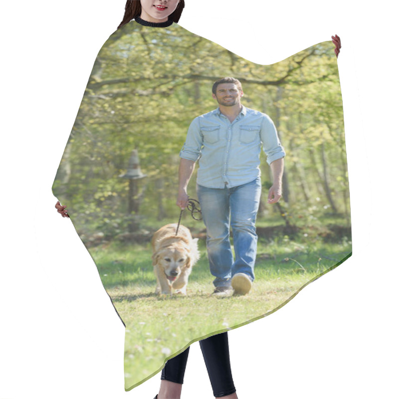 Personality  Man In The Blue Shirt Walking The Golden Retriever Dog Hair Cutting Cape