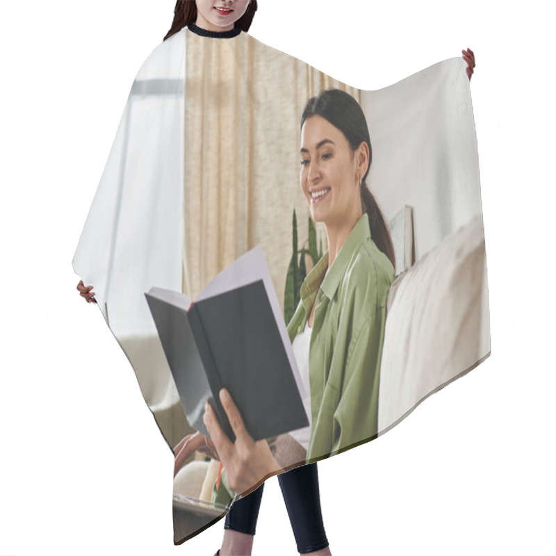 Personality  A Woman Engrossed In A Book While Seated On A Cozy Couch. Hair Cutting Cape