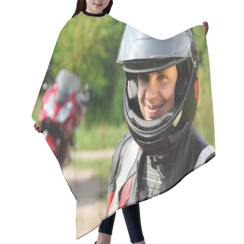 Personality  Motorcyclist And His Bike On Country Road Hair Cutting Cape