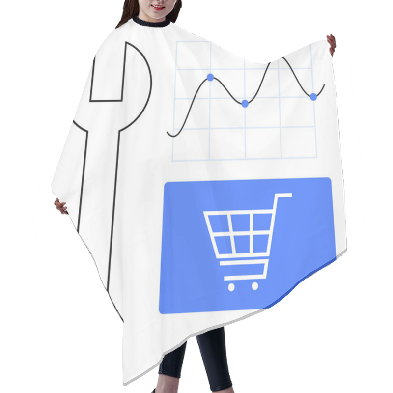 Personality  Wrench, Line Graph With Data Points, And Shopping Cart Icon In A Speech Bubble Representing Tools, Analysis, And E-commerce. Ideal For Online Business, Sales Strategy, Market Analysis, Data-driven Hair Cutting Cape