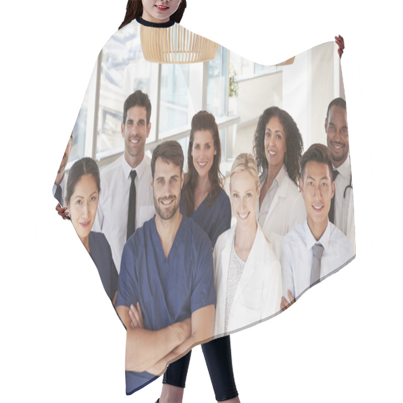 Personality  Portrait Of Medical Team In Hospital Hair Cutting Cape