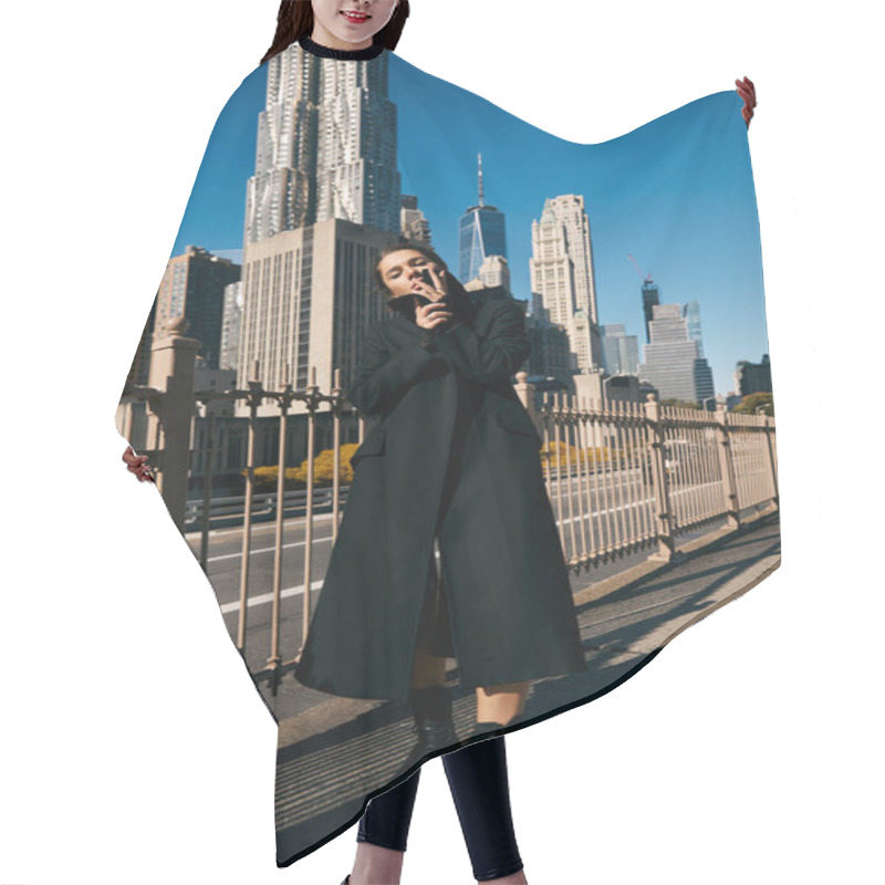 Personality  Woman In Black Coat Dances On NYC Street Amid Skyscrapers. Hair Cutting Cape