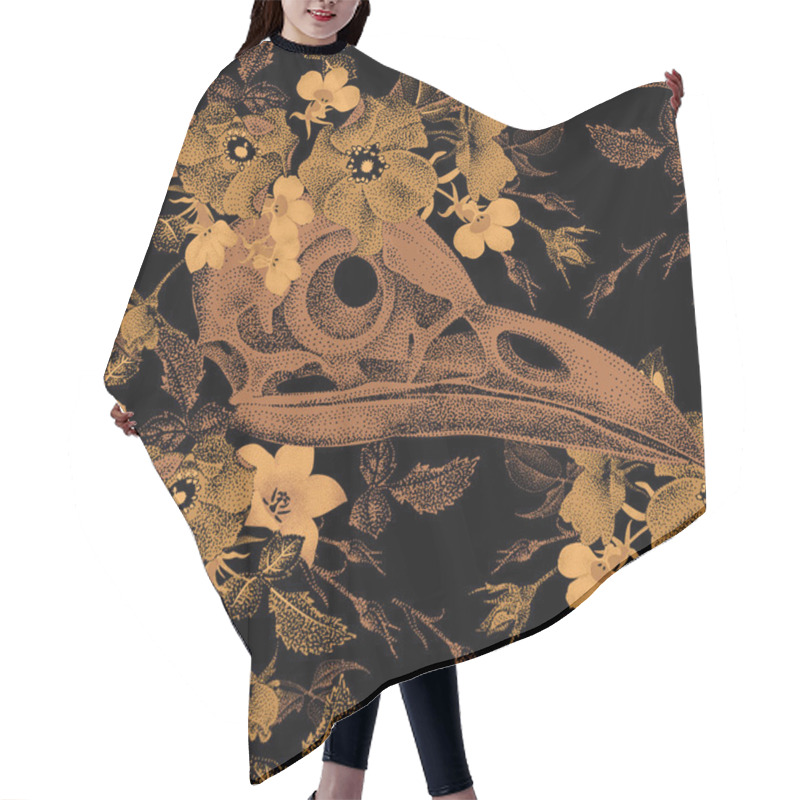 Personality  Seamless Pattern With Skulls And Flowers. Hair Cutting Cape