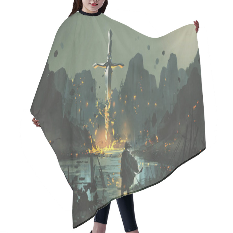 Personality  A Warrior Standing At The Abandoned Port And Looking At The Broken Giant Sword, Digital Art Style, Illustration Painting Hair Cutting Cape