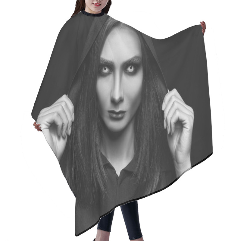 Personality  Mysterious Witch With Spooky Eyes On Dark Background. Black And White Effect Hair Cutting Cape