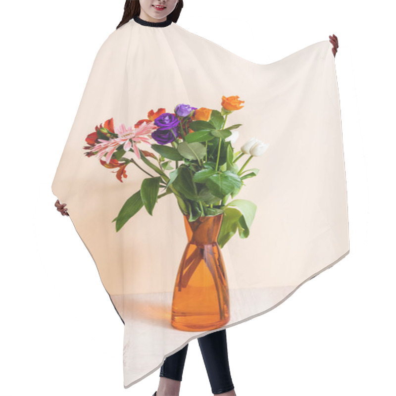 Personality  Floral Composition With Bouquet In Orange Vase On Wooden Surface On Beige Background Hair Cutting Cape