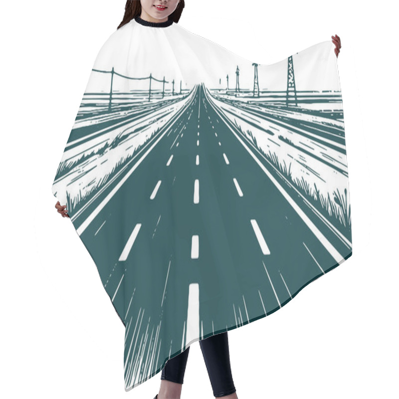 Personality  Highway With Power Lines In Detailed Graphic Art Styl Hair Cutting Cape