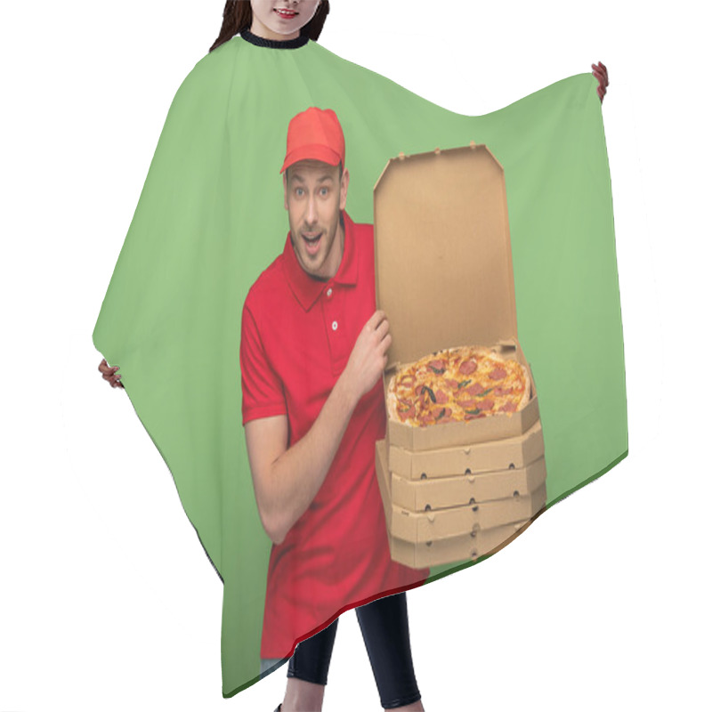 Personality  Excited Delivery Man In Red Uniform Holding Pizza Boxes On Green Hair Cutting Cape