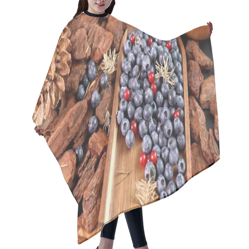 Personality  Blueberries With Bright Red Berries And Rustic Brown Bark Bring Natural Eco Texture, Symbol Of Simplicity. Combination Reflects Freshness, Eco-friendly Style With Vibrant Energy Concept. Hair Cutting Cape