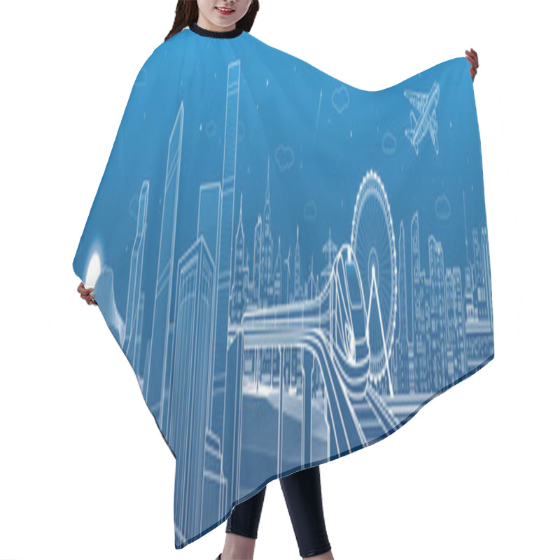 Personality  Highway In The Mountains, City And Transport Mega Panorama, Train On The Bridge, Skyline, White Lines Landscape, Night Town, Airplane Fly, Vector Design Art Hair Cutting Cape