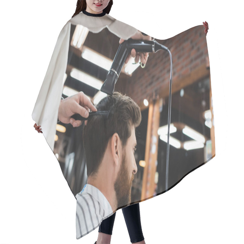 Personality  Bearded Man Near Hairstylist Drying His Hair In Beauty Salon Hair Cutting Cape