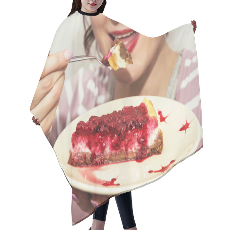 Personality  Young Joyful Woman Is Tasting A Piece Of Cheesecake With Raspber Hair Cutting Cape