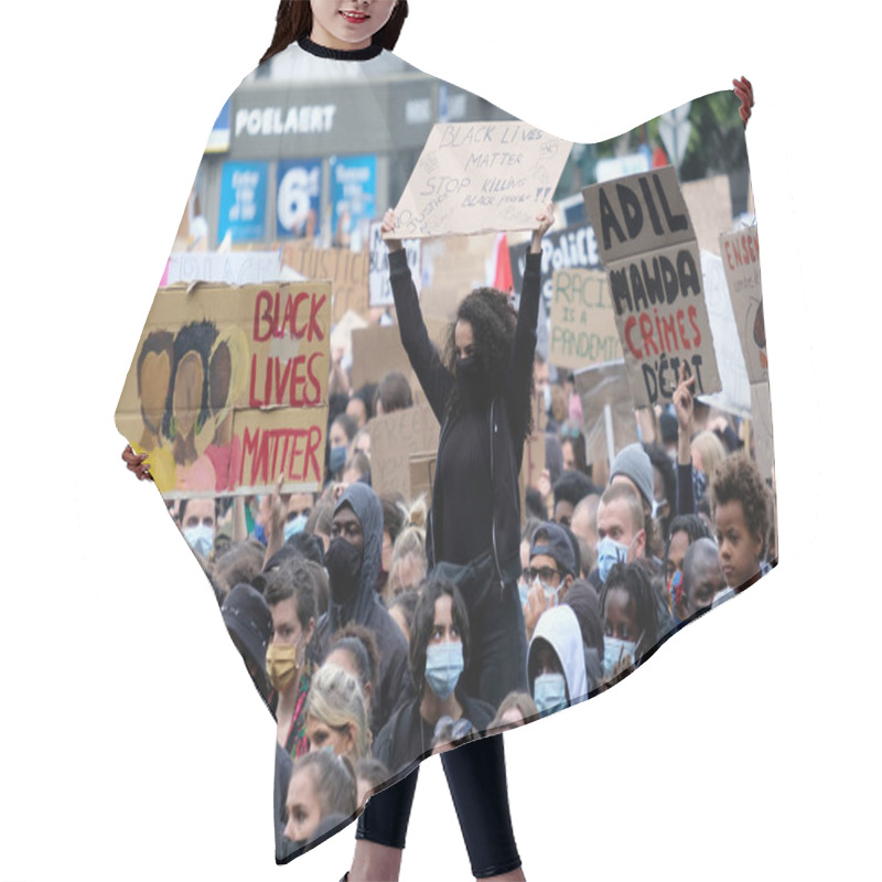 Personality  Protesters Hold Placards As They Gather In Central Brussels During The Black Lives Matter Protest Rally, Sunday, June 7, 2020.  Hair Cutting Cape