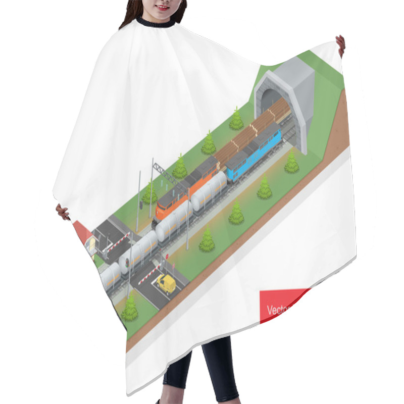 Personality  Vector Isometric Illustration Of A Railway Junction. Railway Junction Consist Of Rail Covered Wagon, Diesel Locomotive, Railway Tunnel, Railway Crossing, And Railway Tank For Fuel. Hair Cutting Cape