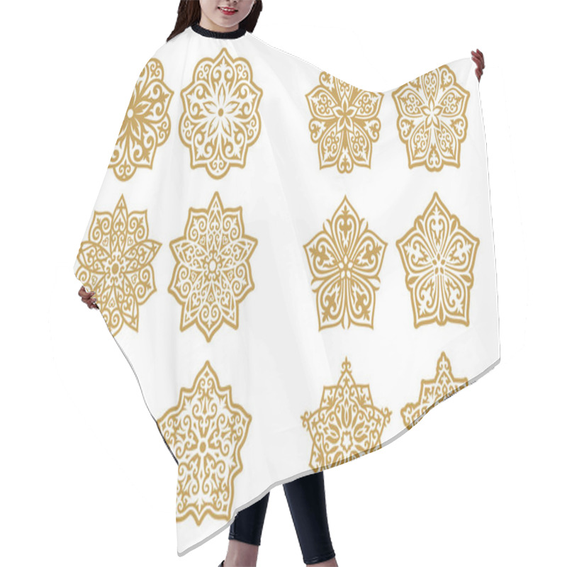 Personality  Vector Set Of Different Gold Ornaments In Kazakh Style Isolated On A White Background. Decor In Two Variant The Positive And Negative. Elements Of The National Pattern Of The Ancient Nomads Hair Cutting Cape