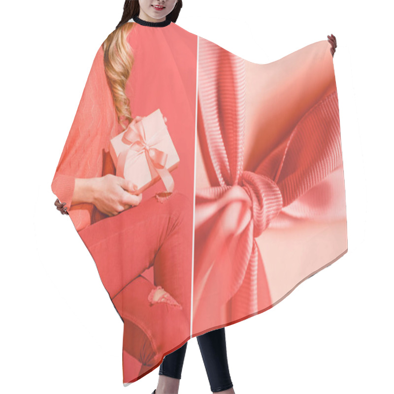 Personality  Collage With Bow On Present And Elegant Girl With Birthday Gift. Pantone Color Of The Year 2019 Concept Hair Cutting Cape