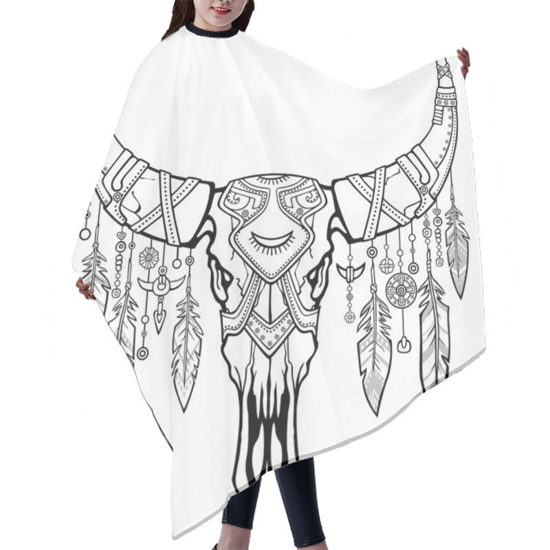 Personality  Fantastic Skull Of A Bull. Ethnic Jewelry And Beads, Indian Motives. Boho Design. The Linear Drawing Isolated On A White Background. Vector Illustration, Be Used For Coloring Book. Hair Cutting Cape