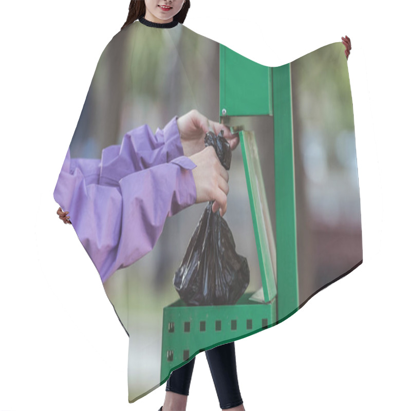 Personality  Cropped Shot Of Woman Putting Bag In Trash Can In Park, Cleaning After Pet Concept Hair Cutting Cape