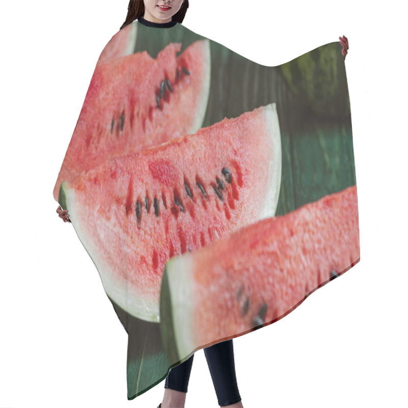 Personality  Close Up View Of Watermelon Slices On Green Wooden Surface Hair Cutting Cape