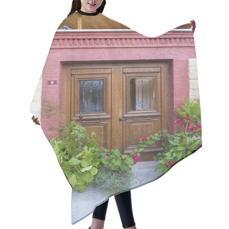 Personality  Wooden Front Door And Pots Of Flowers. Hair Cutting Cape