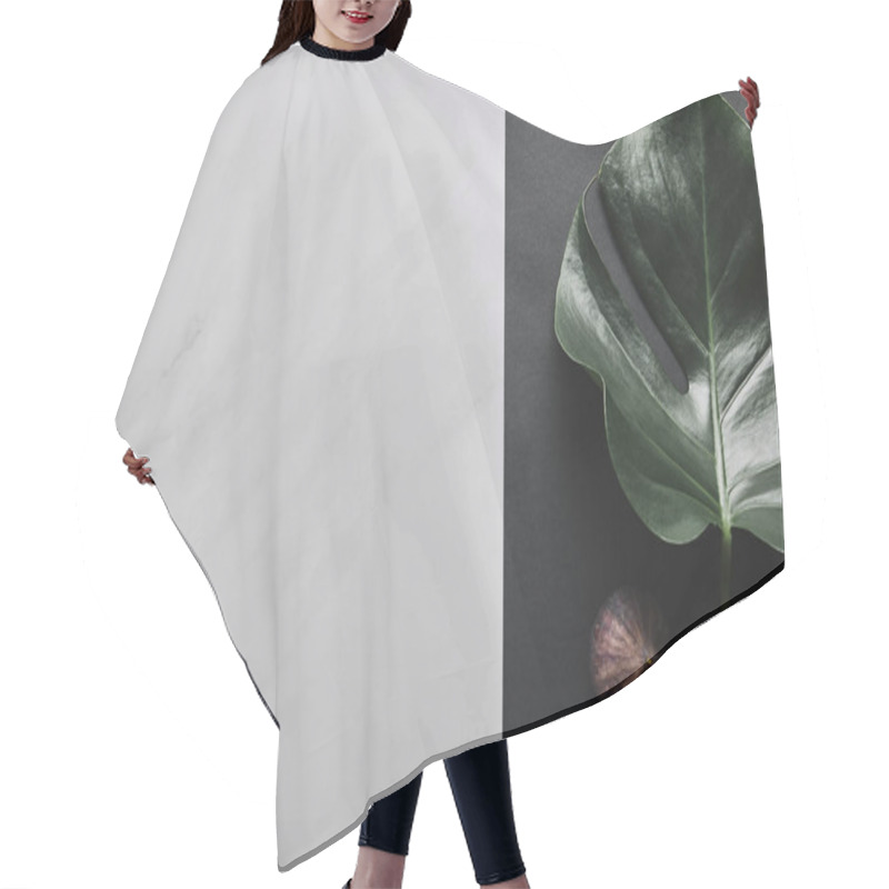 Personality  Black Paper With Monstera Leaf And Fig Fruit On White Marble Background Hair Cutting Cape