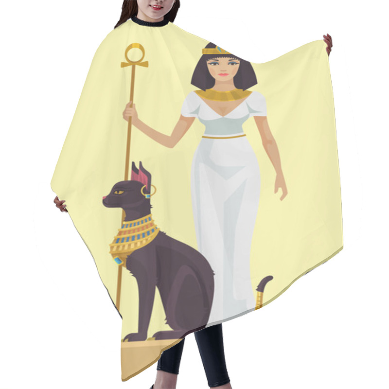 Personality  Cleopatra And Black Cat. Vector Flat Illustration Hair Cutting Cape