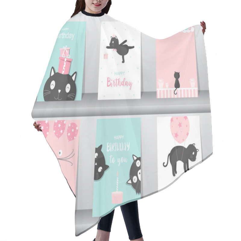 Personality  Set Of Cute Cat On Birthday Backgrounds.Design For Kid Cards,Vector Illustrations.  Hair Cutting Cape