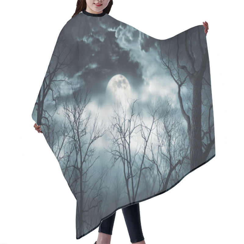 Personality  Dry Trees In The Misty Forest And Full Moon In The Sky, Dark Night And Horror Background Hair Cutting Cape