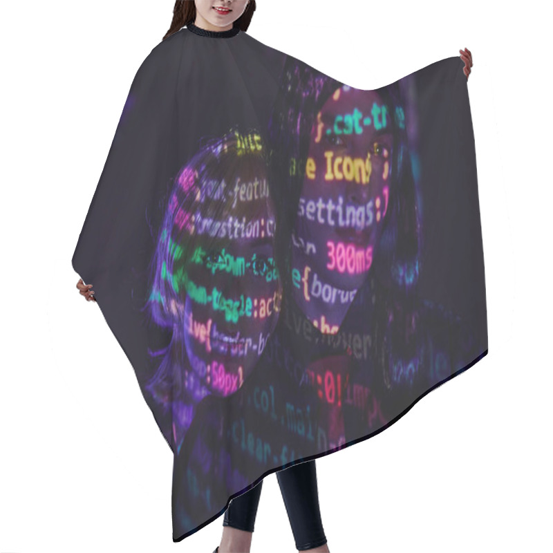 Personality  Portrait Of Futuristic Couple With Neon Programming Lettering On Dark Backdrop, Cosplay Concept Hair Cutting Cape