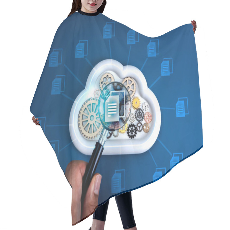 Personality  Cloud Storage, Data Searching And Transfer, Migration Service, Backup Files And Document Concept. Correct File Icon In Magnifying Glass In Hand On Gear Management In Cloud Shape On Blue Background. Hair Cutting Cape