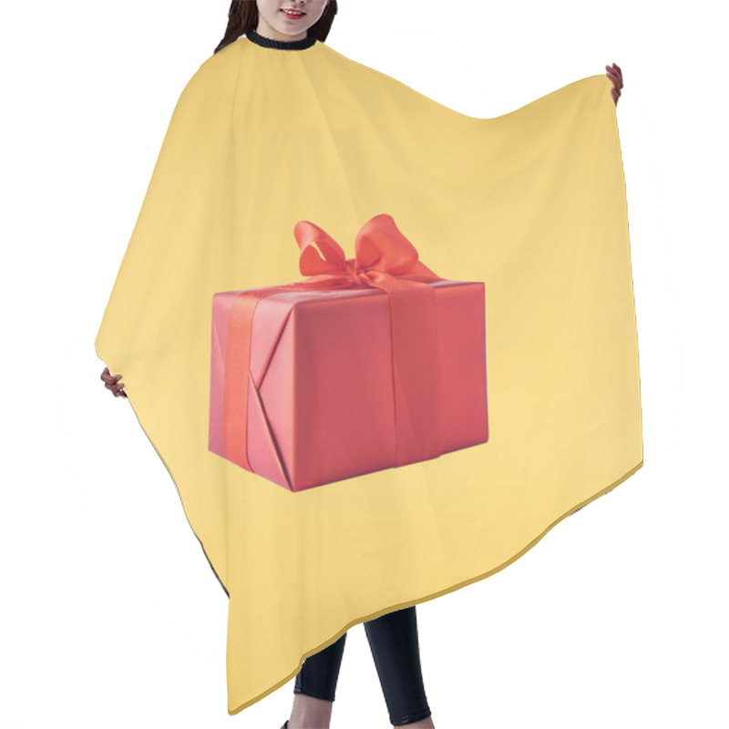 Personality  Valentines Day Concept.  Creative Valentines Day Conception Made By Falling In Air Gift Boxes And Red Hearts Isolated On Yellow Background Hair Cutting Cape