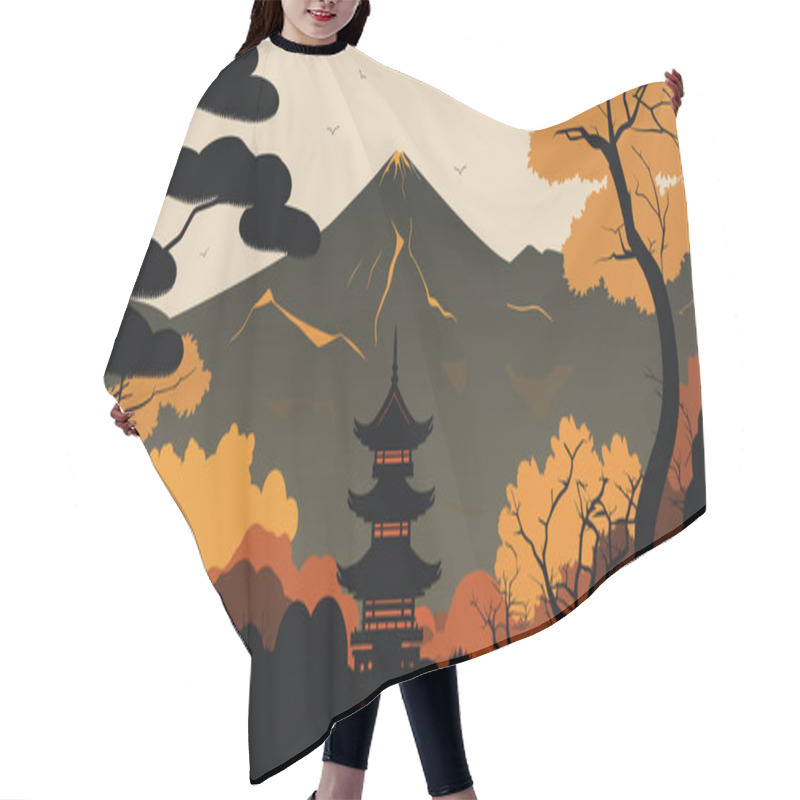 Personality  Japanese Landscape With Pagoda. Beautiful Japanese Temple Surrounded By Nature. Vector Stock Hair Cutting Cape