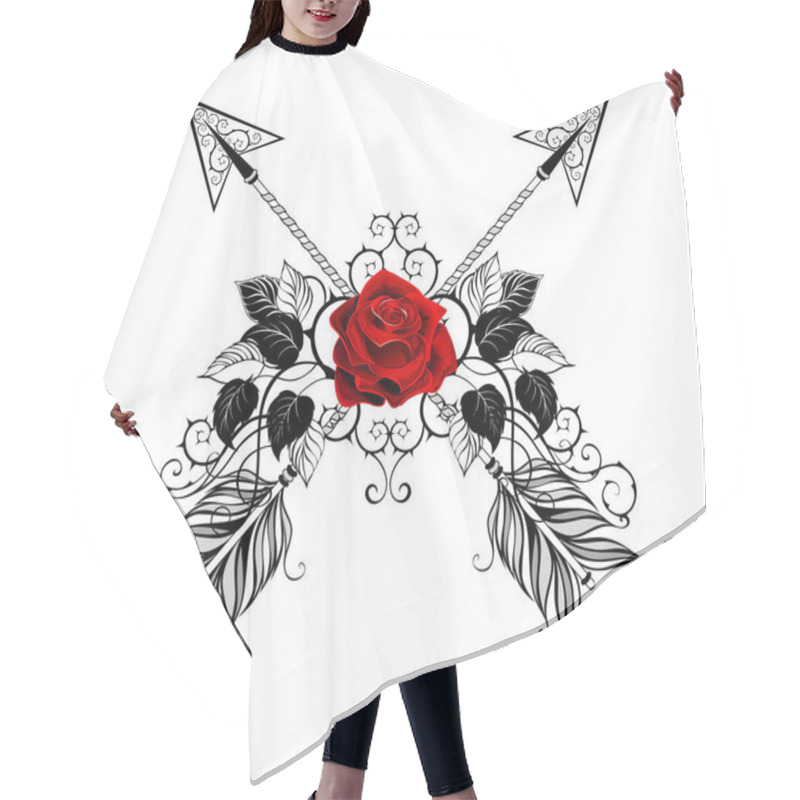 Personality  Two Crossed, Patterned Arrows Decorated With Red, Blooming Roses With Black Leaves And Stems On White Background. Tattoo Style. Hair Cutting Cape