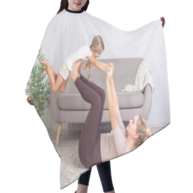 Personality  Positive Young Mother Practicing Yoga With Little Daughter, Rais Hair Cutting Cape