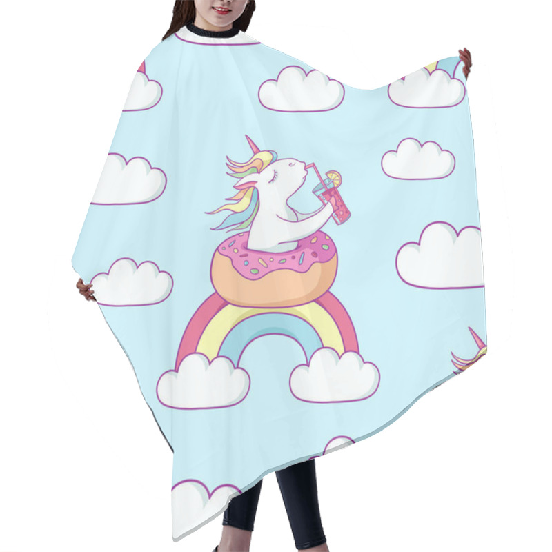 Personality  Cute Unicorn On Donut Swimming Ring Seamless Pattern. Magic Unicorn Drinking A Cocktail On Rainbow . Cartoon Flat Style Illustration. Template For Printing, Sticker, Texture, Wallpaper, Postcard. Hair Cutting Cape