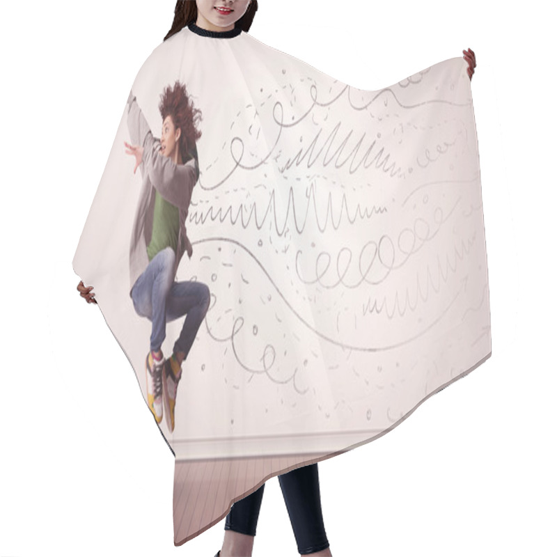 Personality  Pretty Woman Jumping With Hand Drawn Lines And Arrows Come Out Hair Cutting Cape