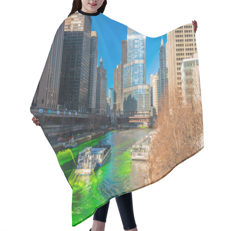 Personality  CHICAGO, USA - MAR 2019 :  Unrecognizable People And Tourist On The Yacht Running Over The Chicago River Walk In Saint Patrick's Day With Green Color River On March 16, 2019, In Chicago, Illinois, USA Hair Cutting Cape