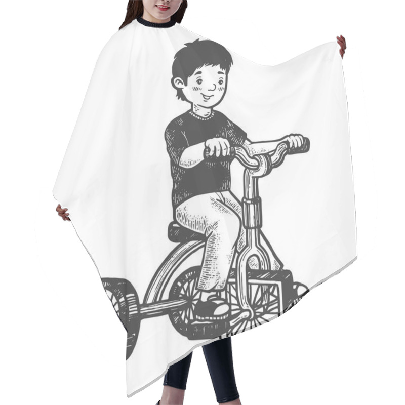 Personality  Boy Kid On Children Tricycle With Square Wheels Sketch Engraving Vector Illustration. Scratch Board Style Imitation. Hand Drawn Image. Hair Cutting Cape